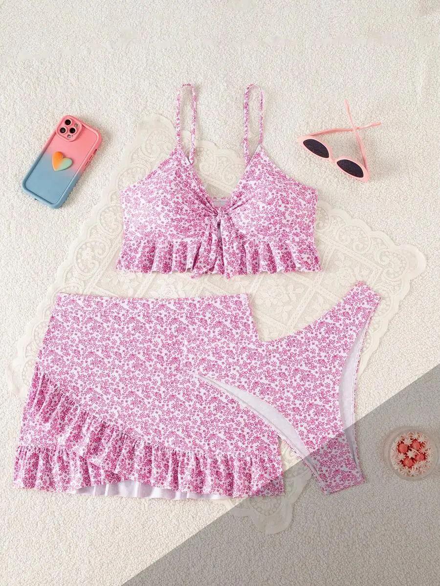 

Womens Floral Ruffled Bikini Set With Skirt Cover Up For Beach Summer