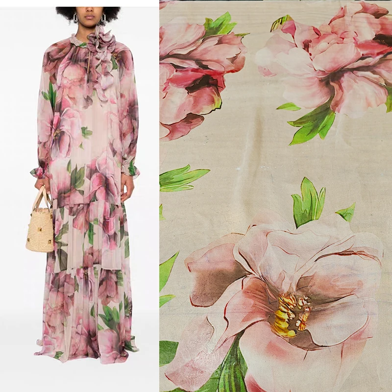 New Fashionable Women's Clothing Flower Printed Fabric 100% Mulberry Silk Chiffon High-end Dress DIY Skirt Fabric