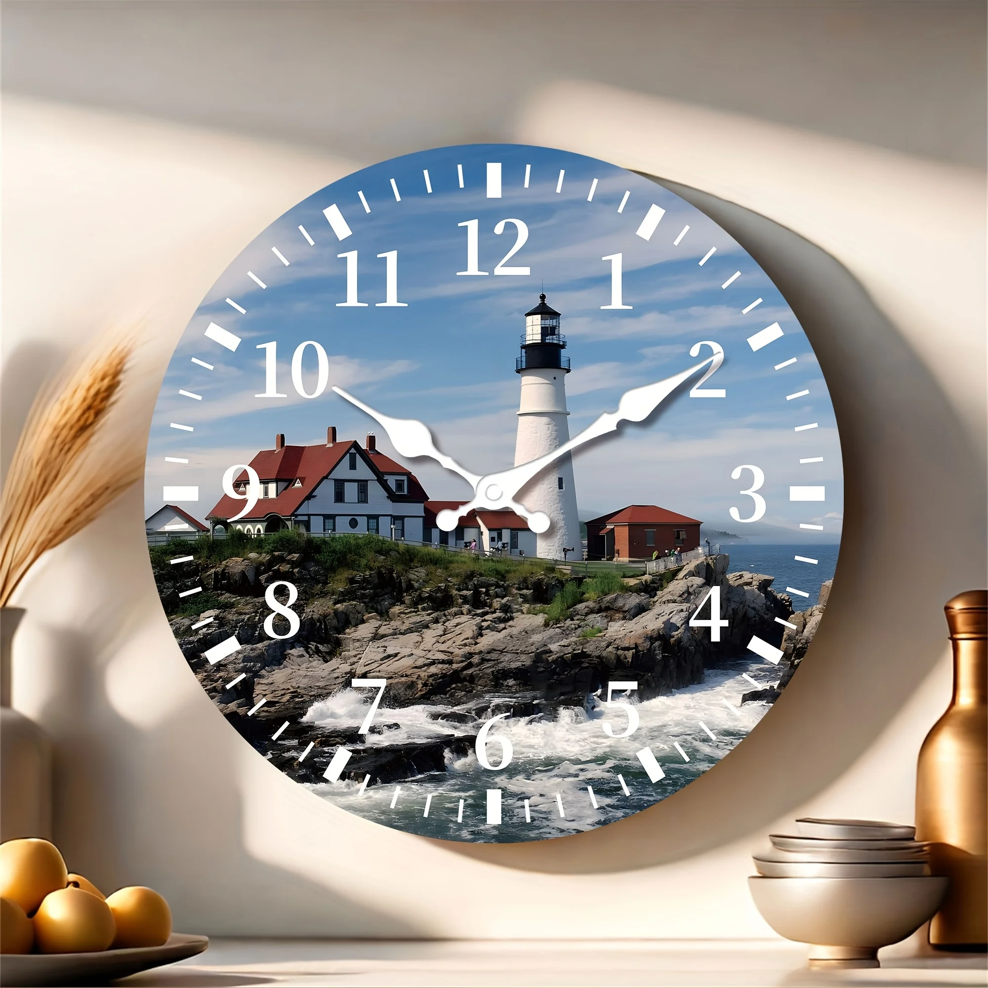 One Piece, 25.4-40.64 cm Modern Seaside Town Nautical Lighthouse Wooden Wall Clock - Silent Clock, Seaside Holiday Party Decoration Clock, Living Room, Kitchen, Bedroom Home Decoration, Courtyard Garden Outdoor Decoration, Perfect Birthday Gift