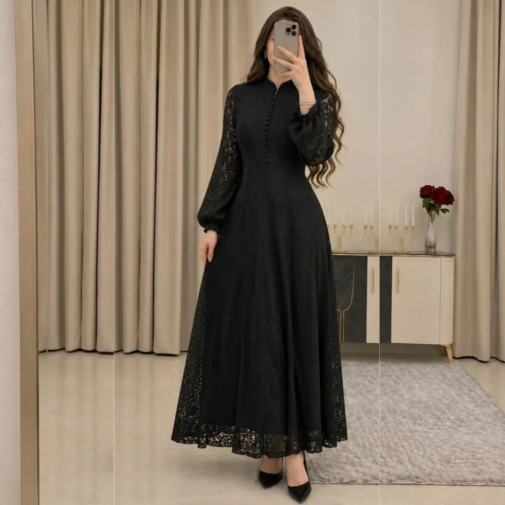 Maßgeschneidertes Hochzeitskleid mit hohem Kragen und Spitze, lange Ärmel, A-Linie, Midi-Kleider, Abendkleider für Damen