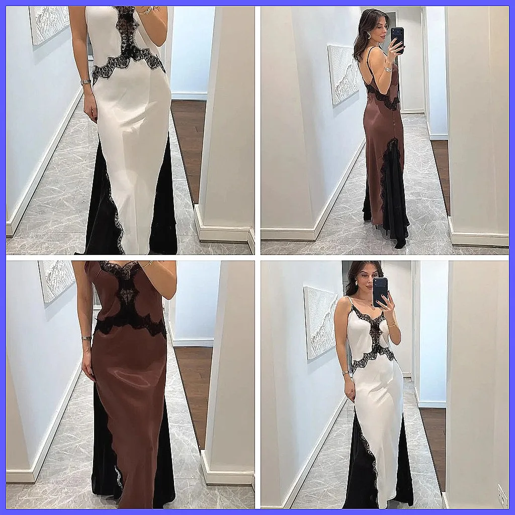 

Sexy Lace Satin Maxi Dress for Women 2026 | Off-Shoulder Backless Evening Party Gown