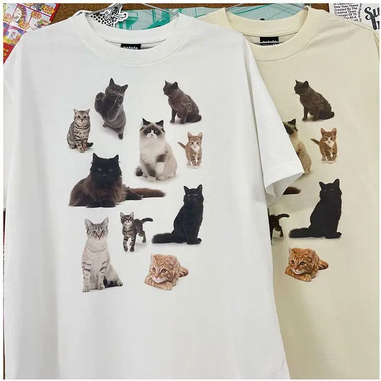 European and American style cat party cat print short-sleeved men and women couples niche trend loose casual couple versatile