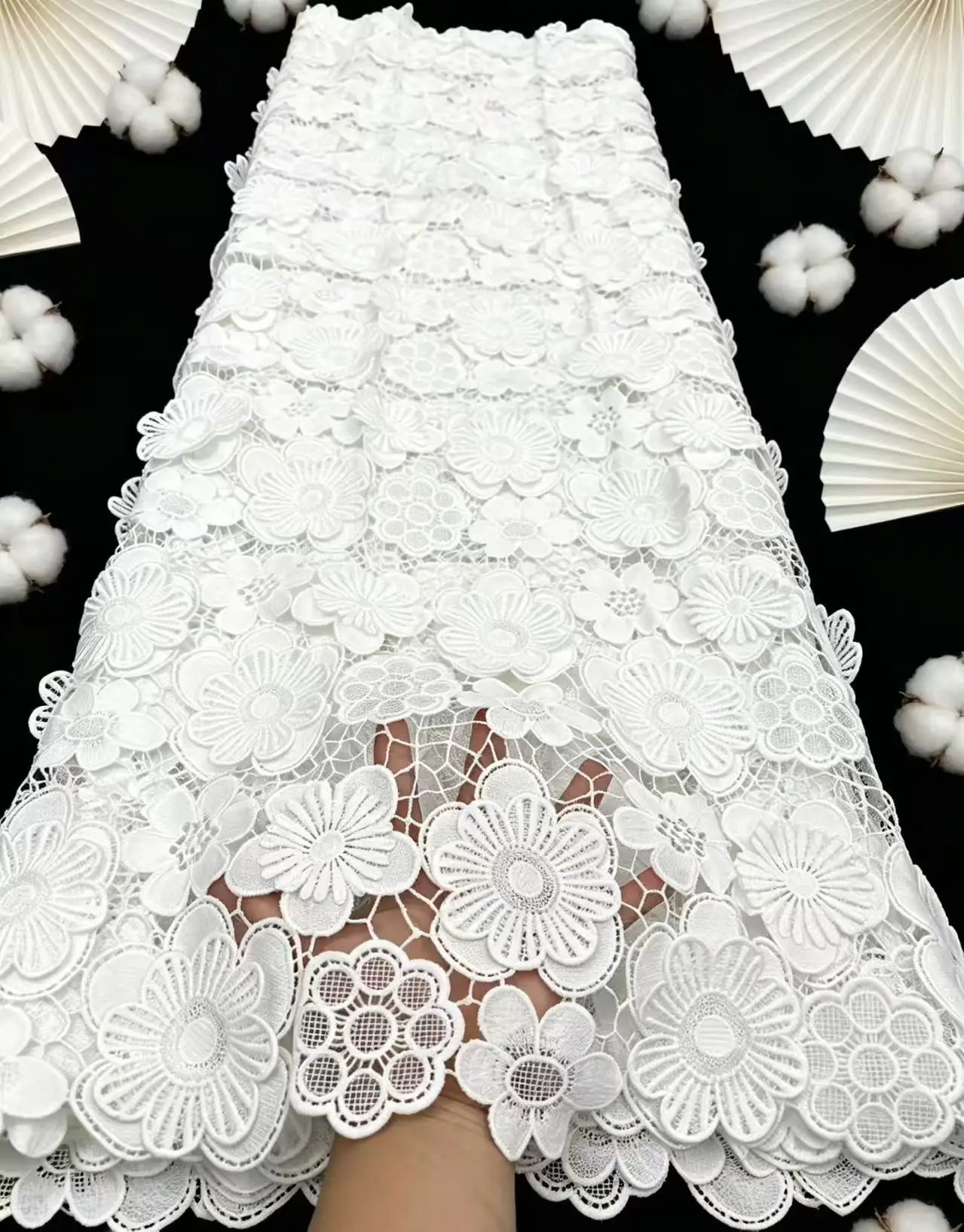 

White 100%Cotton Lace Fabrics 3D Flowers High Quality Dubai Materials Latest Nigerian Guipure Lace Fabric Senegal Style Wedding