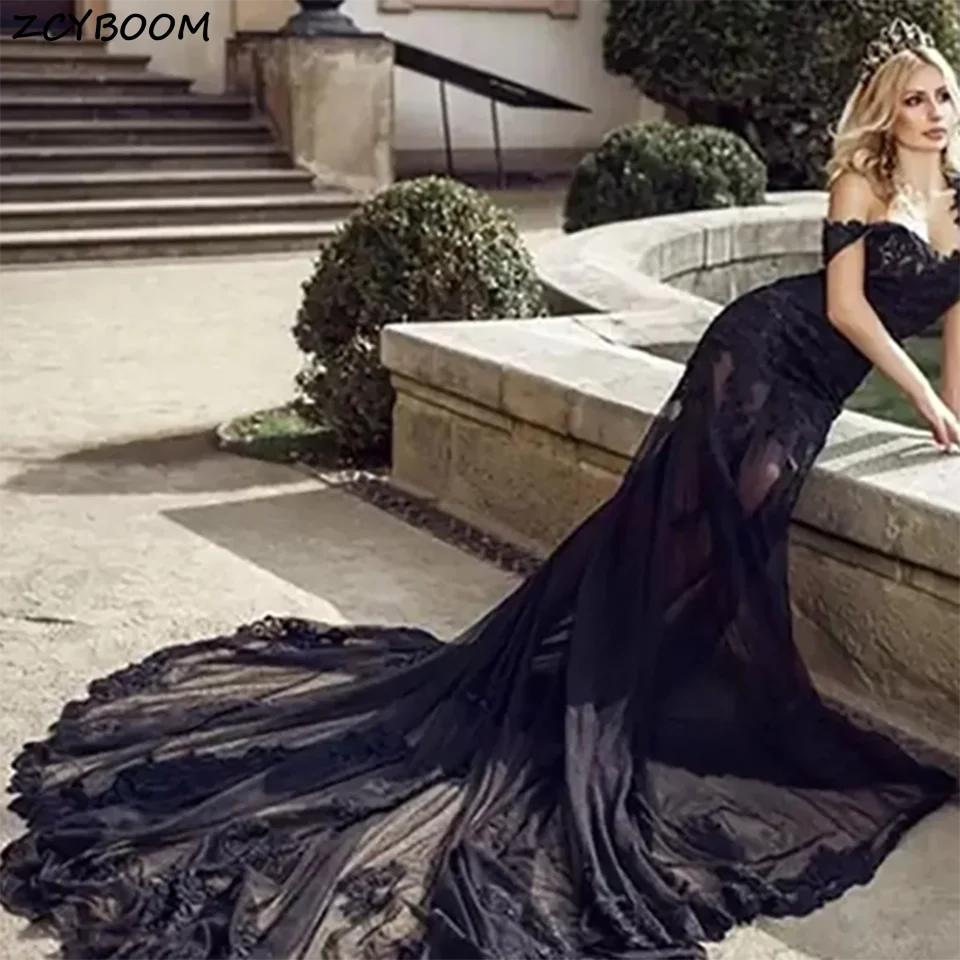 Robe de Mariée Sirène en Dentelle Noire Personnalisée, avec Appliques, Dos aux, avec Traîne Tribunal, Tulle, pour Patients, Quelle que soit la Femme, 2025