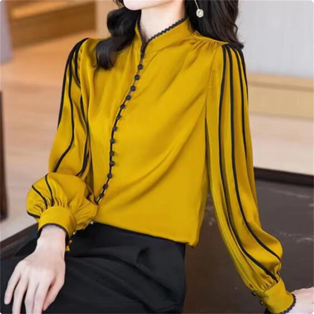 Yellow Black Silk Shirt Spring Autumn Fashion Blouse 2024 Long Sleeve Round Neck Elegant Casual Korean Style Loose Clothing