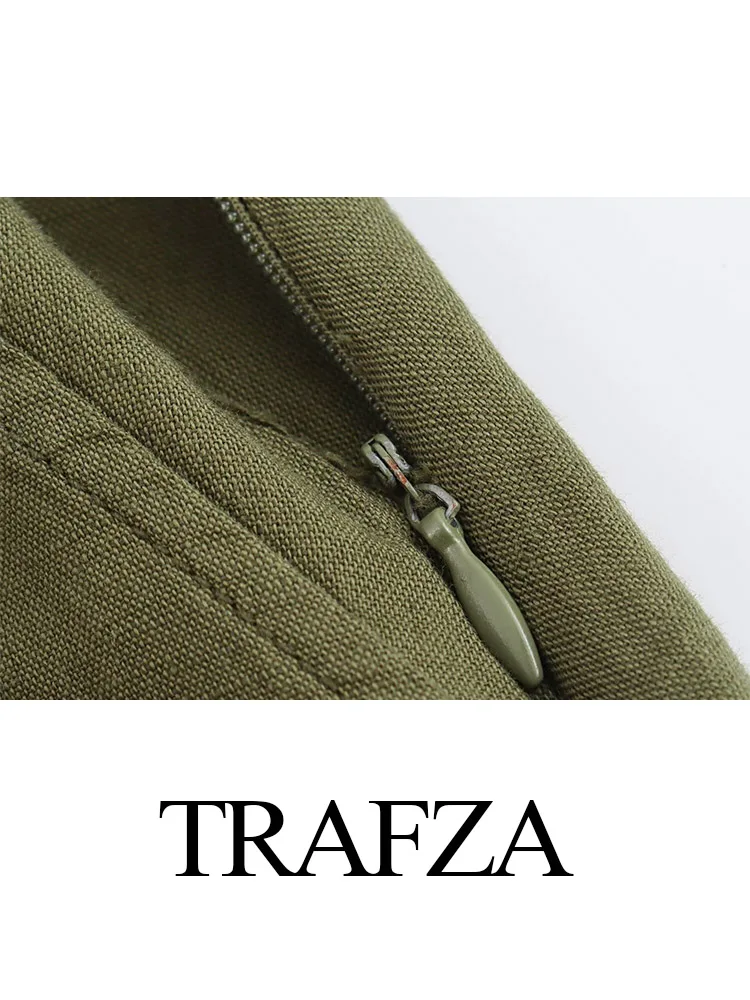 TRAFZA Women Fashion Solid Linen-Blend Cape Zipper Skirt Female Summer High Street Elegant Slim Ankle Length A-Line Skirts Mujer