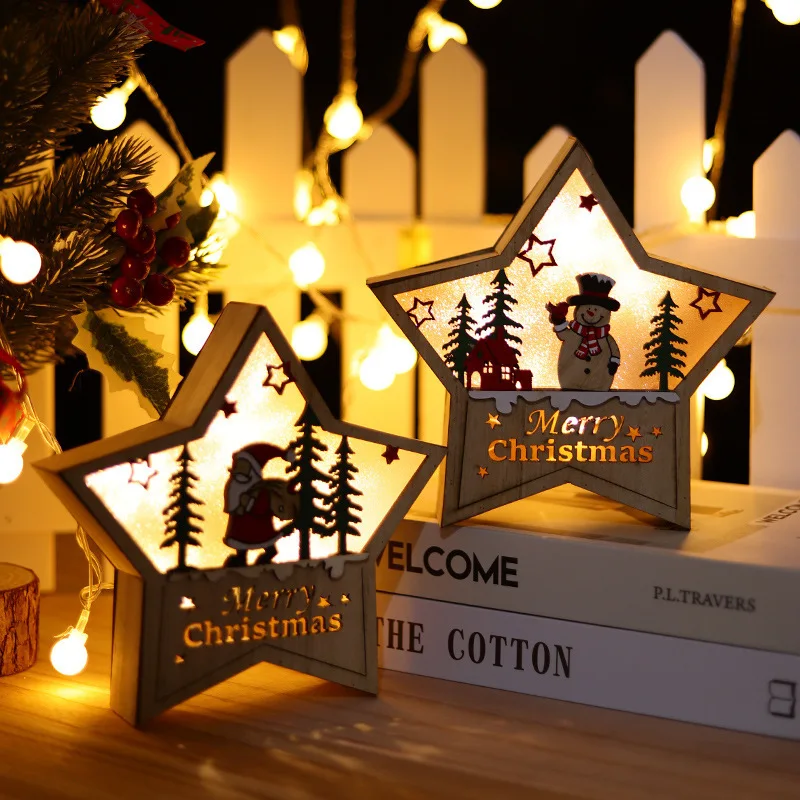 1pcs Christmas Glowing Wooden Five- Pointed Star Shape Ornaments Christmas Snowman Ornaments Shopping Mall Window Decoration