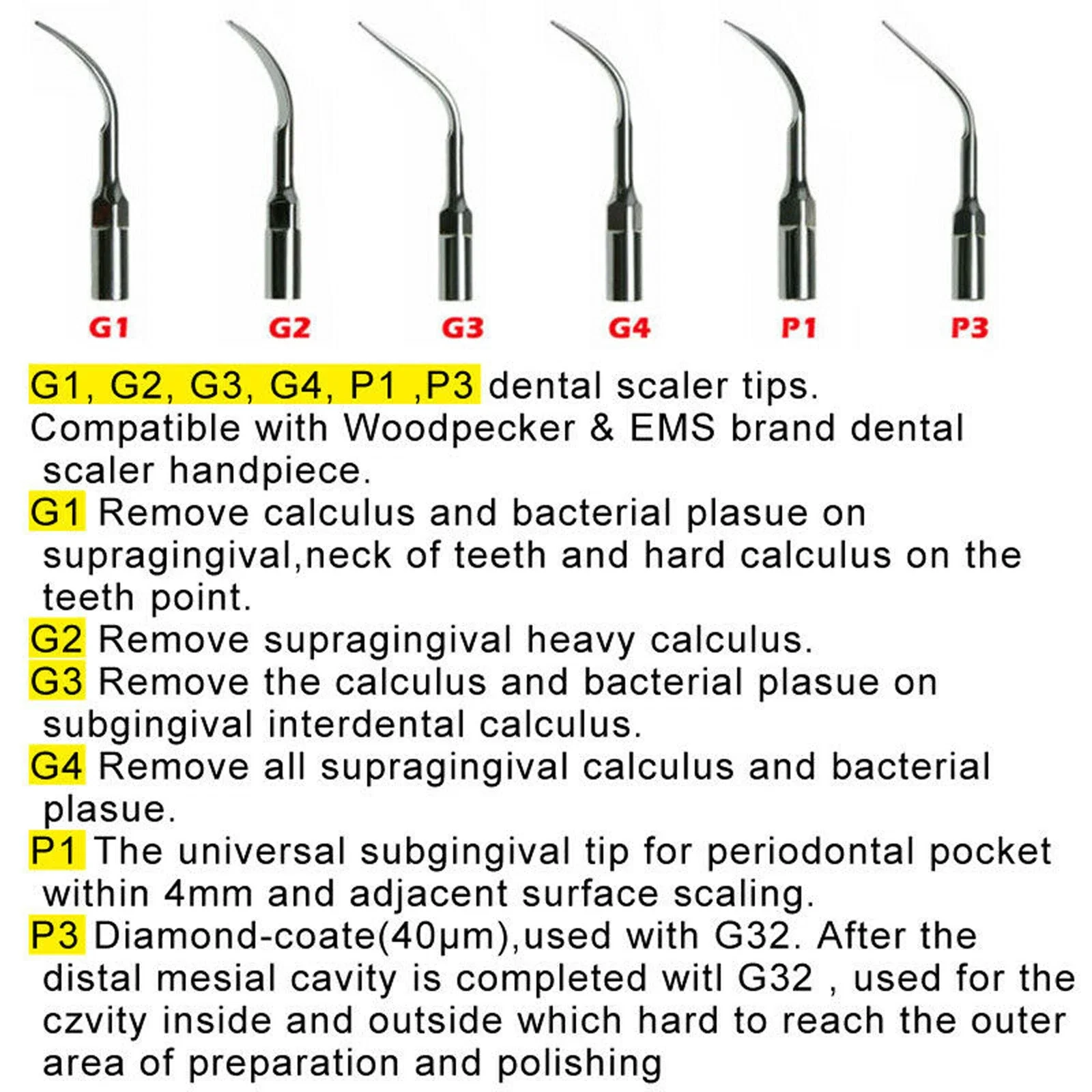 5Pcs Dental Ultrasonic Scaler Tips Fit For Woodpecker EMS/ DTE Satelec Handpiece Option 18 types