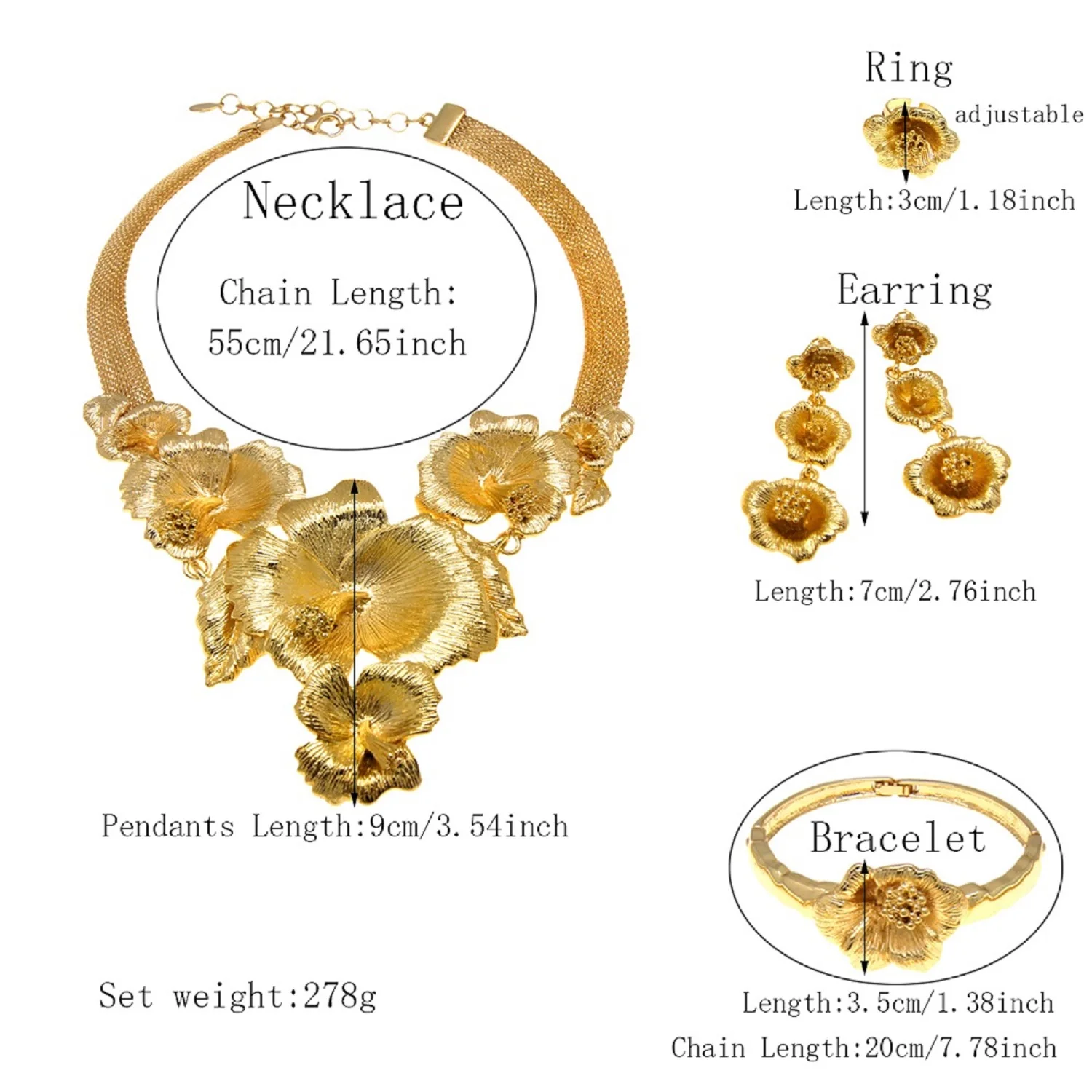 New Arrival Fashion Italian Gold Colour Jewelry Set Bold Necklace Flower Bud Ring Woman Earrings Wedding Banquet Gift