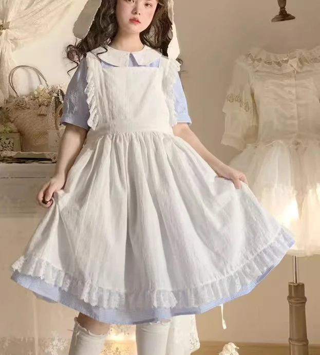 Abito bianco con cinturino grembiule Lolita con giunture in pizzo Lolita allentato Abito da donna a vita alta medio e lungo semplice e versatile