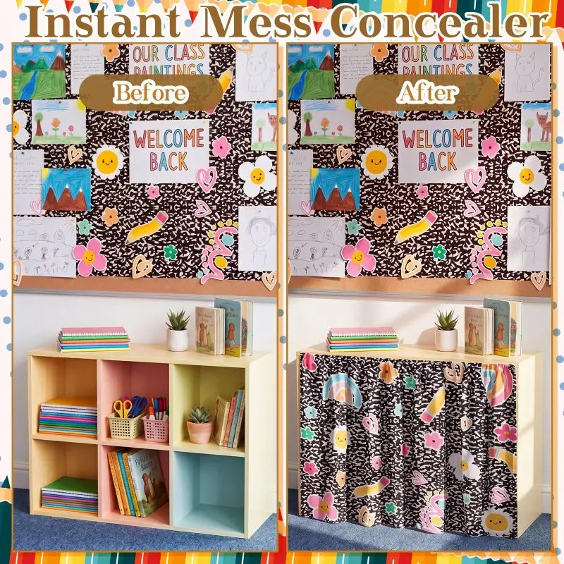 VIKAMA Back To School Cartoon Self Adhesive Cabinet Curtain No Drill Desk Skirt Under Sink Cover Classroom Kitchen Storage Decor - view 3