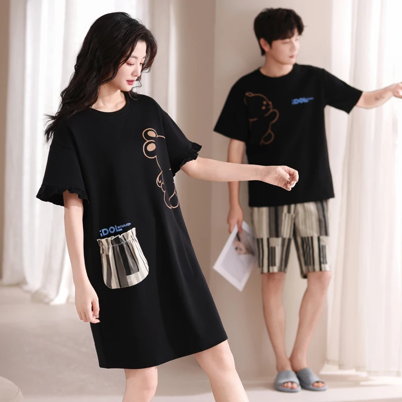 New arrival Cute Cartoon Pajama Sets Summer 100%Cotton Men Short Sleeve Pyjamas Sexy Women Nightgown