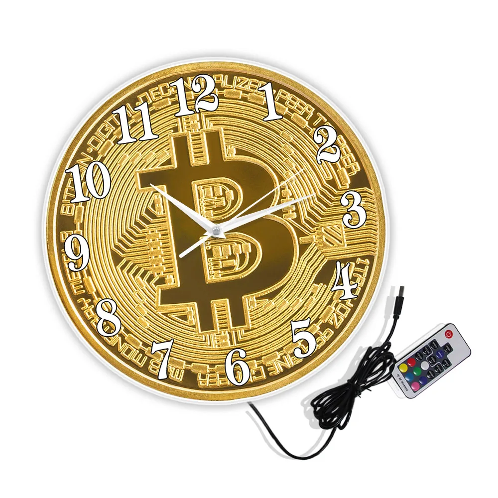 Bitcoin Symbol Luminous Printed Wall Clock Cryptocurrency Decor BTC Golden Coin LED Lighted Neon Sign For Office Finance Gift