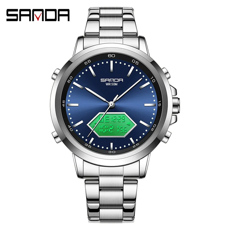 SANDA Relógio eletrônico de quartzo masculino com display duplo, calendário multifuncional, cronometragem, luz noturna, à prova d'água, relógio esportivo de negócios