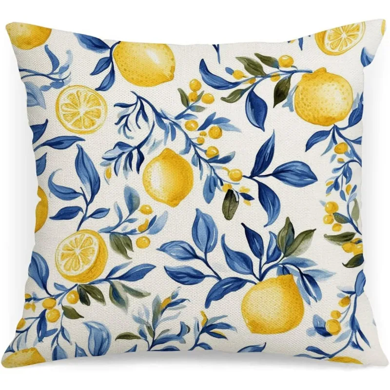 1pc Watercolor Lemon Blue Leaf Print Throw Pillow Cover,Suitable for Sofa,Bedroom,Living Room,A Fresh Gift for Home Decor Lovers
