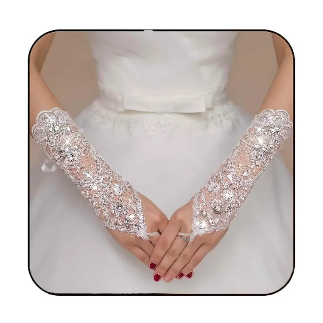 Wedding Bride Lace Gloves White Fingerless Crystal Gloves Sequins Bridal Glove Party Prom Glove Accessories for Women and Brides