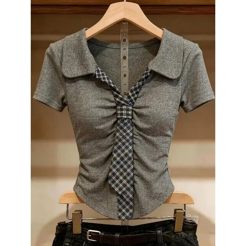 Plaid Contrast Patchwork Street Casual Tops Summer Polo Neck Short Sleeve Pleated Korean T Shirts Fashion Trend Women Clothing