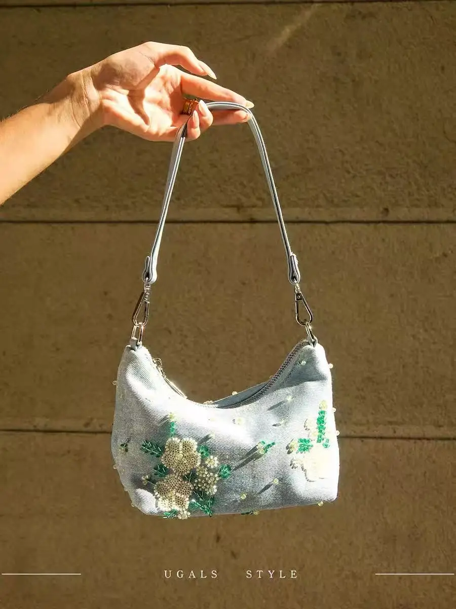 

Fashion Beads Beaded Handmade Hobo Bag Blue Denim Women Handbag Luxury Clutch Purse Shoulder Crossbody Bag Female Casual Bag