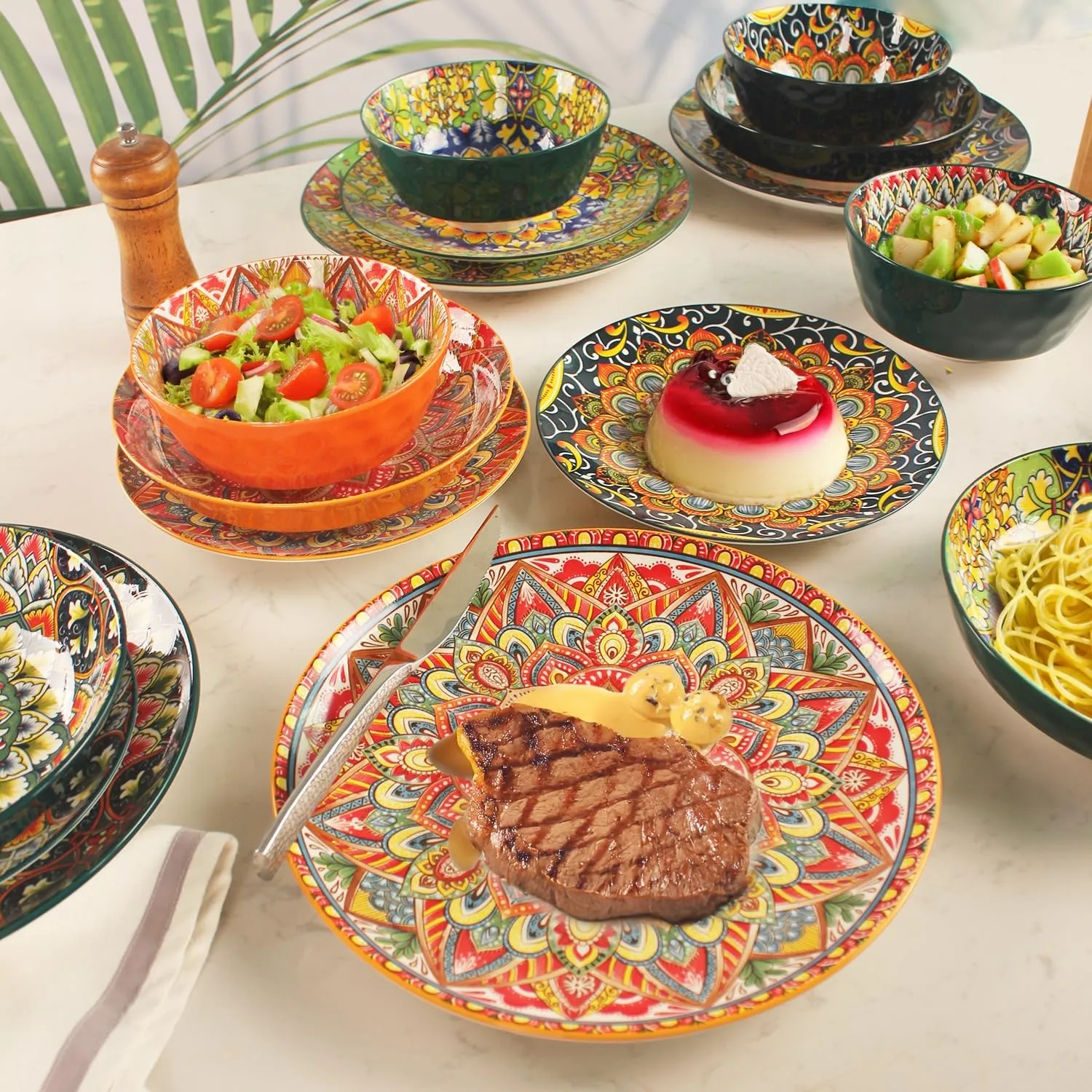 طقم أدوات مائدة سيراميك طقم أواني طعام بورسلين ماندالا أنيق لـ 4 أشخاص مع أطباق وأطباق أدوات مائدة أنيقة ومتينة مثالية