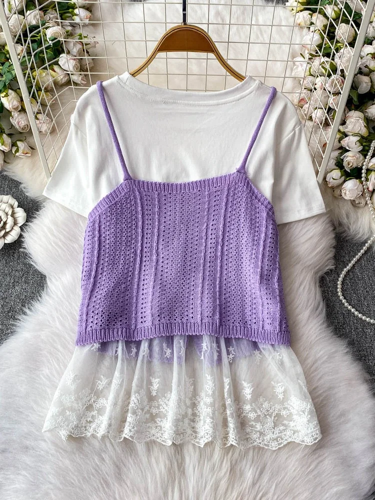 

2025 New Design White Lace Splicing round Ne T-irt Top Sexy Hollow Knitted Strap Two Piece Set Women's Faion Summer Outfit