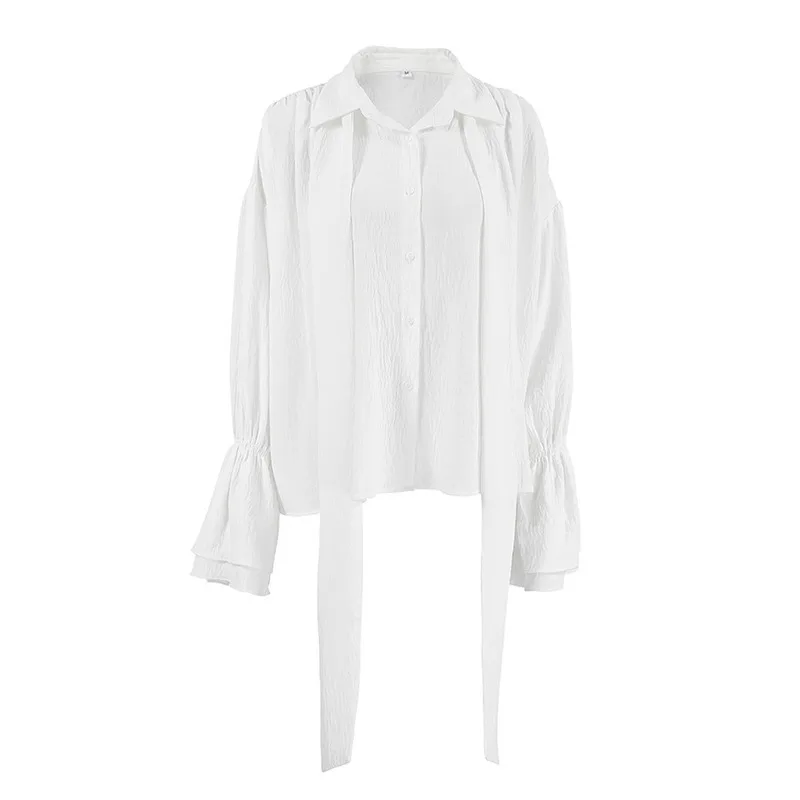 

Fashionable Personality And Elegant White Flared Sleeve Top For Women 2024 Autumn New Commuting Loose Ribbon Shirt For Women