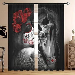 2pcs Halloween Red Rose Gothic Skeleton Rod Pocket Curtain For Living Room Bedroom Office Child Room Decor Study Coffee Shop