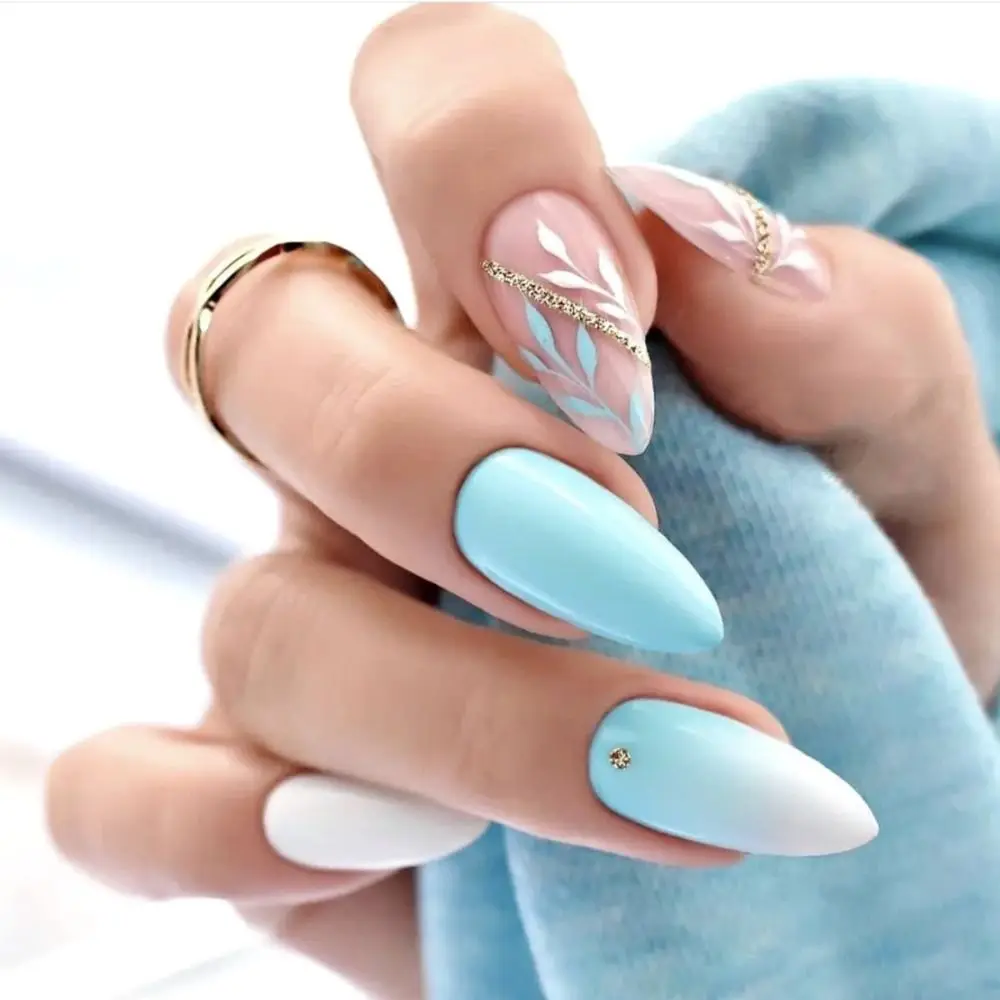 French False Nails Manicure Long Almond Leaf Butterfly Fake Nials Blue Gradient Detachable Nail Tips at Home