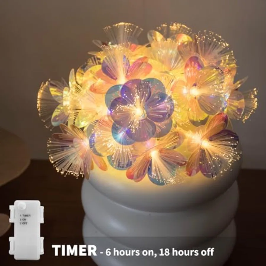 Fiber Optic Flower String Lights Battery Operated with Timer, 10 LED Flower Garland Lights Fairy Lights for Room Table Wedding