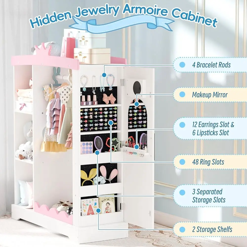 Children's Closet Cabinet with Drawers, Storage Unit with Shelves & Mirror, Hanging Rack Wardrobe for Costumes, Toddler-Friendly - view 2