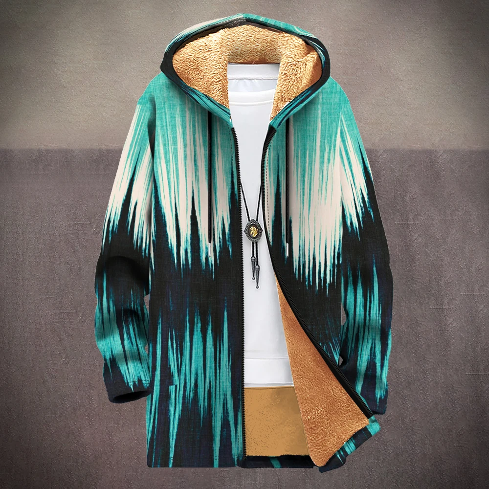 

Winter Long Hoodie Parka Abstract Art Stripe Cardigan Essential Coats Fleece Lined Jacket Warm Outerwear Oversize Men Women