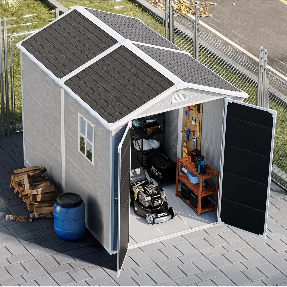 8X6 FT Storage Shed, Resin Outdoor Storage Shed with Floor & Lockable Doors, All Weather Plastic Lean to Shed with Window