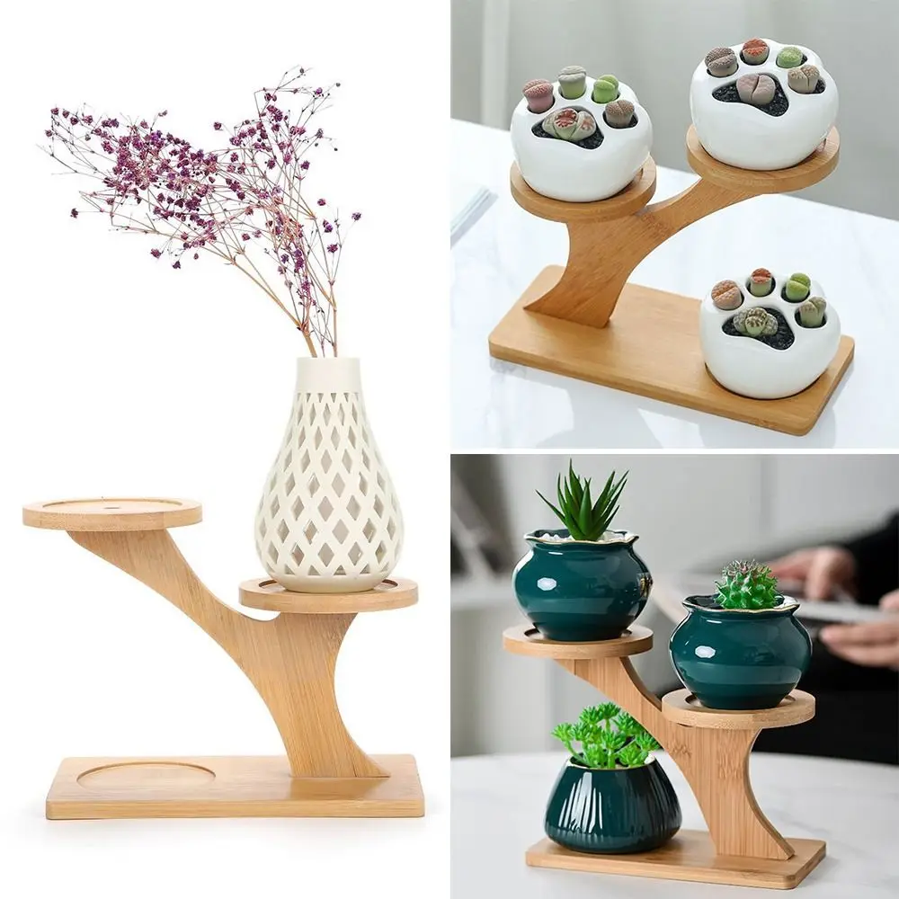 Bamboo Wood Tray 3-Layers Flowerpot Holder Succulents Bonsai Organizer Gardening Supplies Home Decoration Desktop Ornament Gift