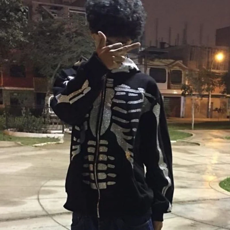 2022. Męska bluza z kapturem Street Hip Hop Skull Rhinestone Print Full Zip Hoodie Męska kurtka Y2K Sweter Oversized Top Coat Hoodie