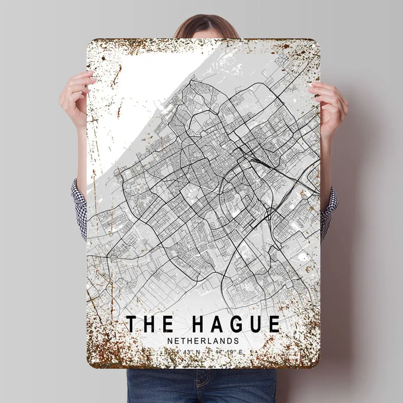 The Hague Light City Map Tinplate Sign Map Poster Wall Decoration Items Custom Metal Signs for Wall Art Decoration New Decor