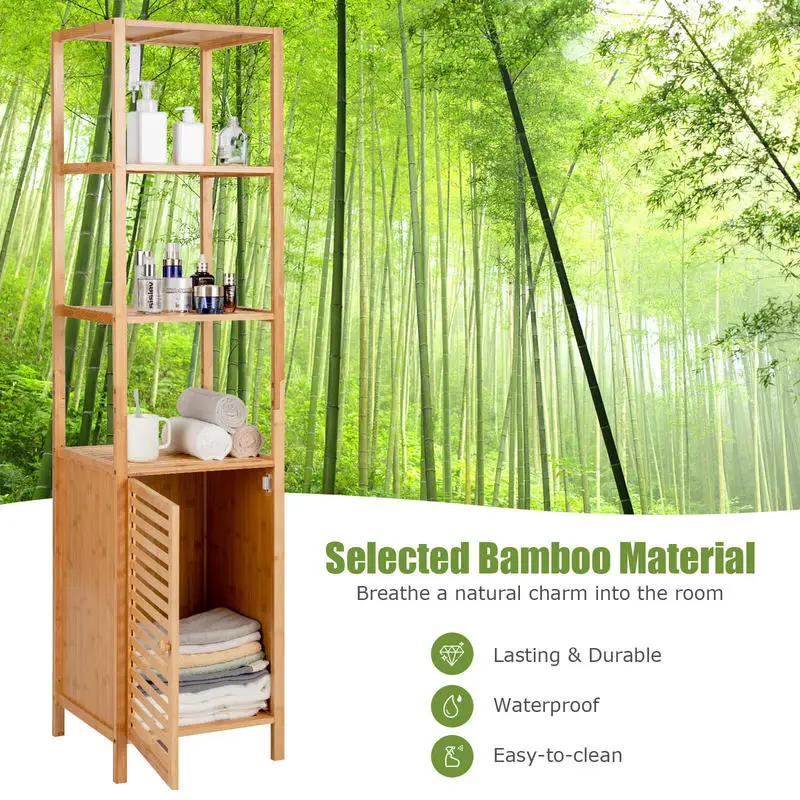 

4 Tiers Slim Bamboo Floor Storage Cabinet with Shutter Door and Anti-Toppling Device-Natural