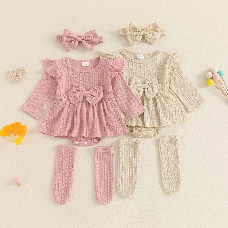 

Spring Autumn Newborn Baby Girls Rompers Clothing Ruffled Trim Long Sleeve Bowknot Jumpsuits Skirts Headband Stockings Outfits