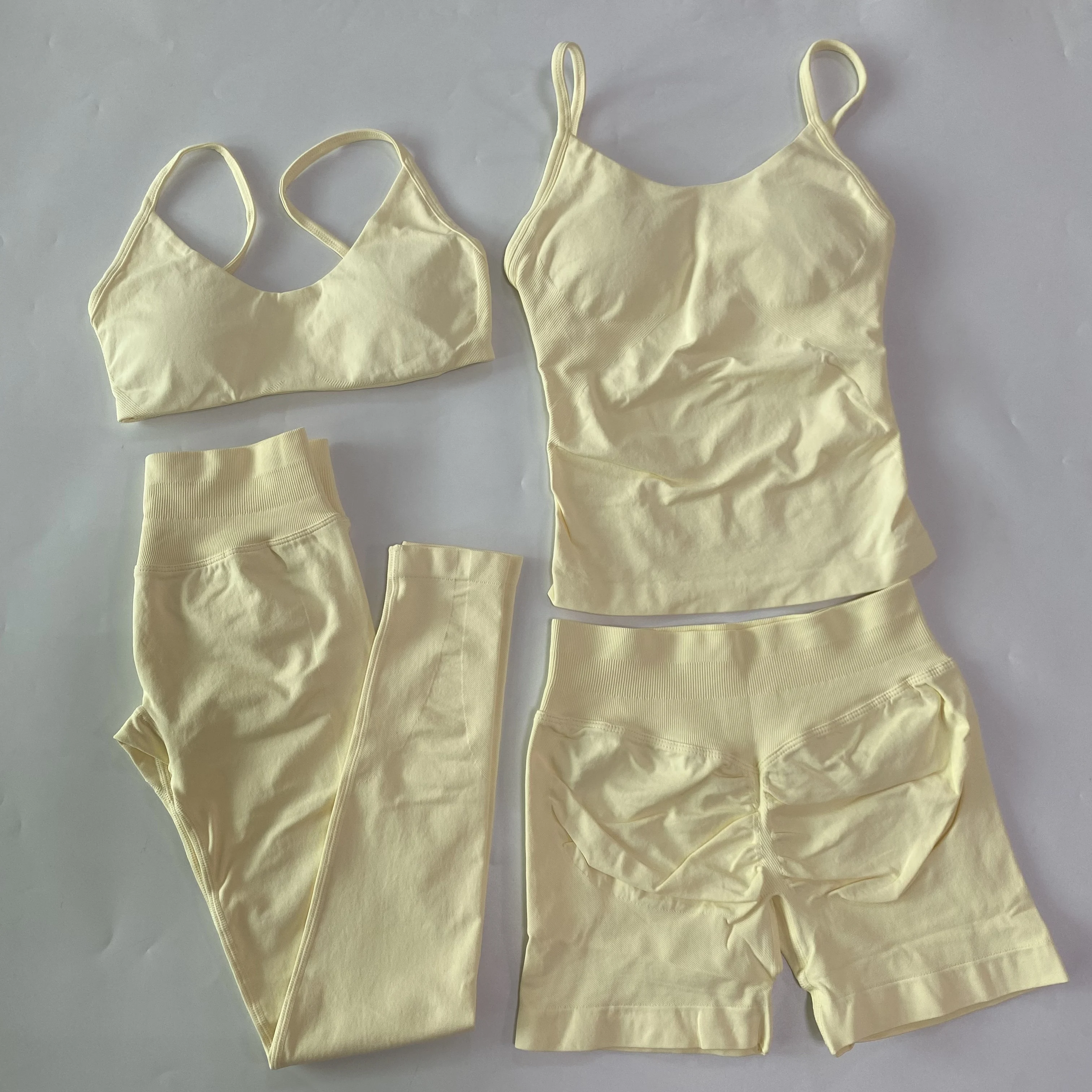 4-teiliges Workout-Set für Damen, Top mit Rundhalsausschnitt, Sport-BH, Fitness-Shorts mit hoher Taille, Yoga-Leggings, Gym-Set, Outfits, Sportbekleidung – Detail 15