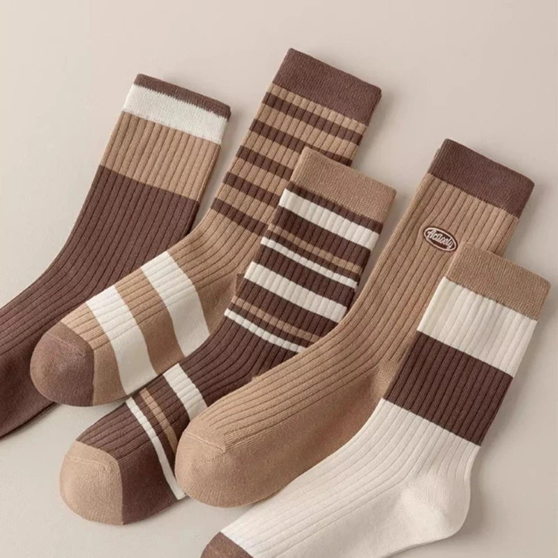 

5 pairs of pure cotton women's spring autumn mid length socks breathable sweat absorbing odor proof comfortable casual socks