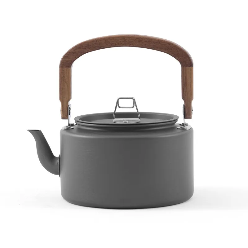 1.2L Lightweight Aluminum Alloy Camping Kettle with Wooden Handle Black And Gray Portable Outdoor Cooking Pot