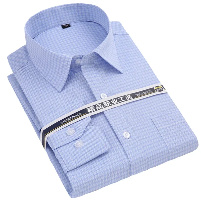 

Light Blue Plaid Shirt For Men Long Sleeve Business Mens Dress Shirts 2020 New Regular Fit Checked Male Clothing Chest Pocket
