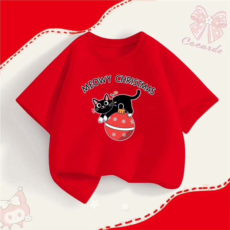 تي شيرت بأكمام قصيرة لحفلات عيد الميلاد للأطفال، قميص كارتوني على شكل قطة سوداء للفتيات والأولاد، ملابس كاجوال #3