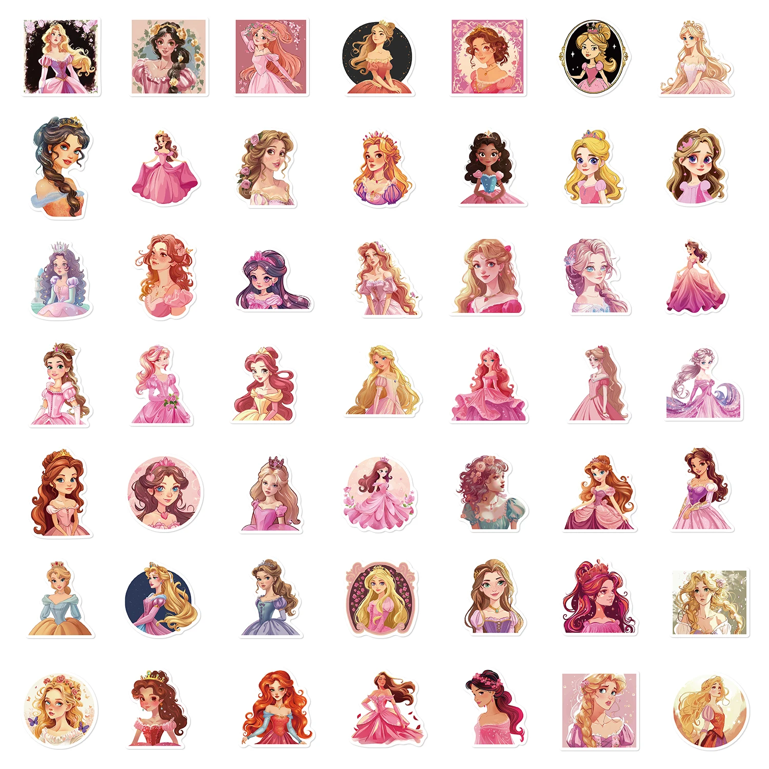 50pcs Pink Princess Stickers Cartoon Cute Princess Girl Stickers Vinyl Laptop Luggage Skateboard Waterproof Girl Decals Toys