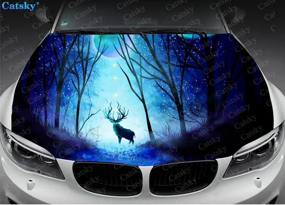 Merry Deer Snow Forest Car hood decal vinyl sticker graphic wrap decals graphic engine stickers suitable for most vehicles