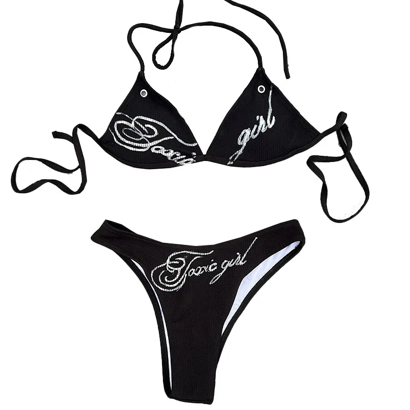 مجموعة بيكيني مطبوعة بأحرف سلسلة سوداء جديدة لربيع وصيف 2025 مع ربطة عنق بيكيني مثير #5