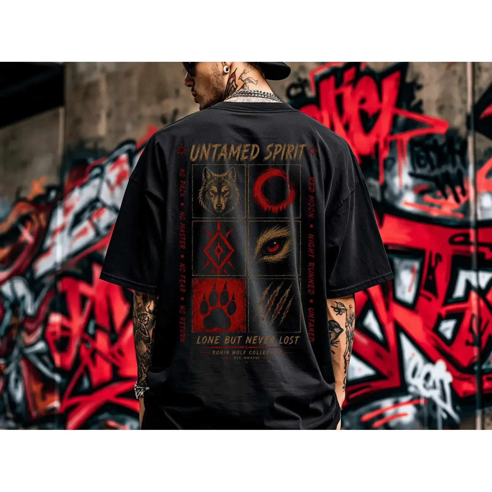 Untamed Spirit Lone Wolf T Shirt But Never Lost Red Moon Wilderness Print Boxy Streetwear vintage Washed Slightly Versatile
