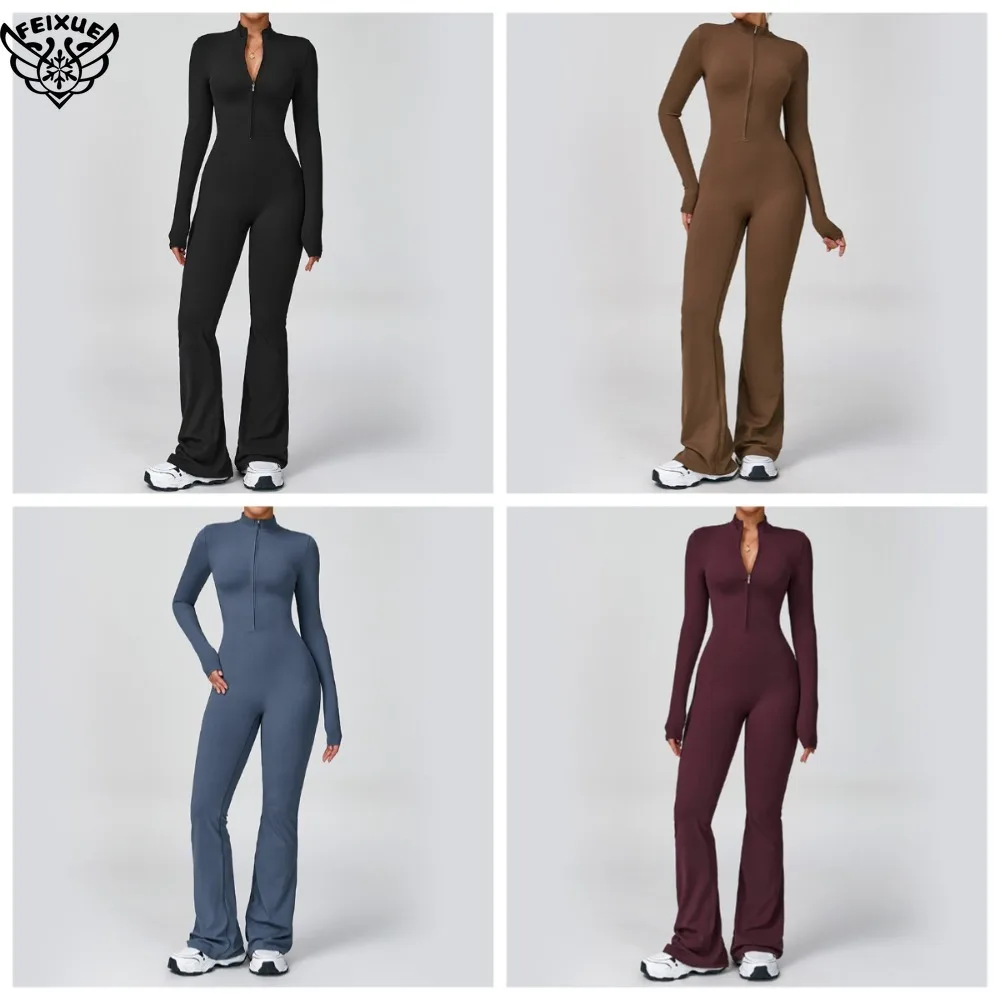 New Autumn/Winter Women's One-piece Yoga Jumpsuit Long Sleeve Front Zipper High Intensity Fitness Flare Bodysuit Workout Clothes