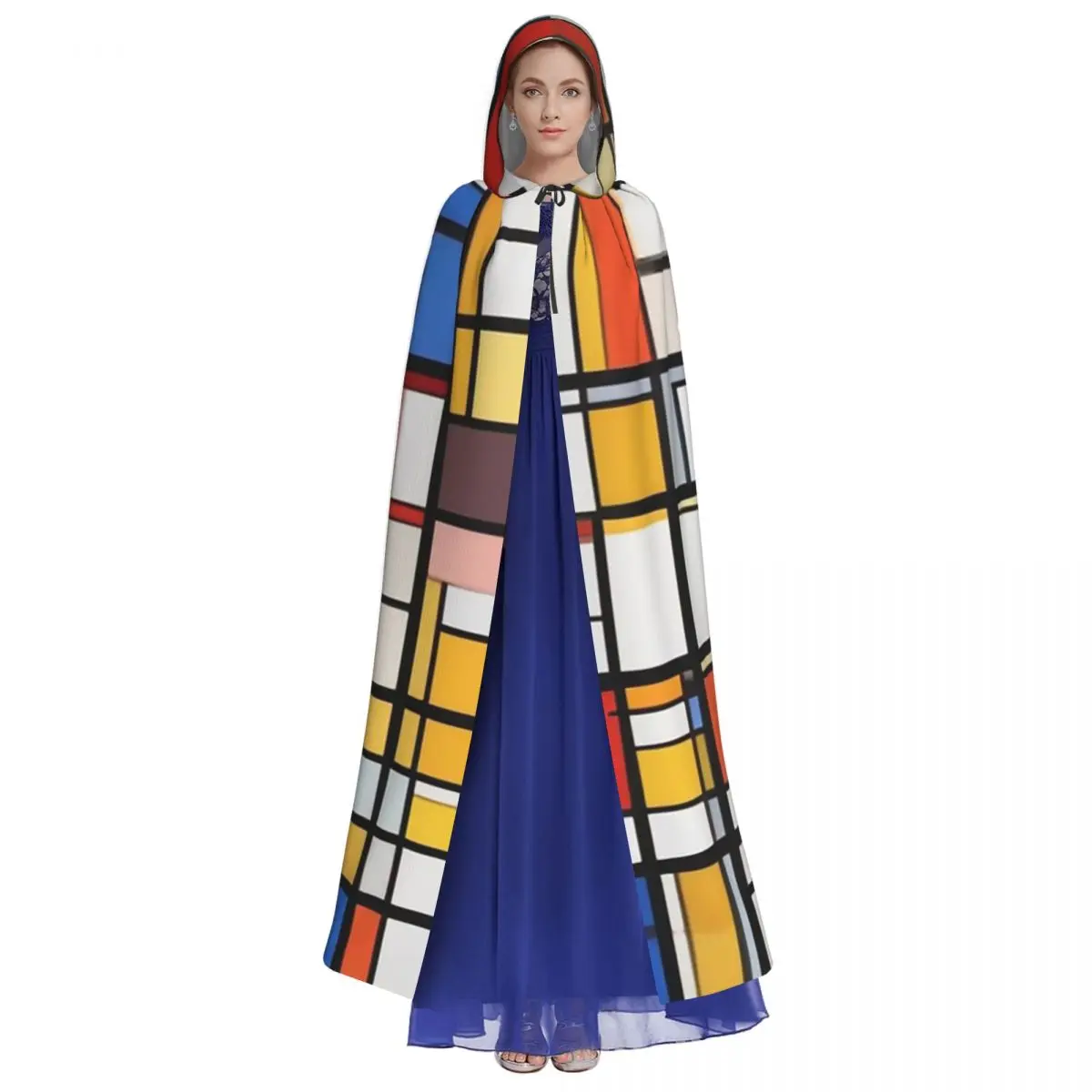 موندريان الحد الأدنى دي Stijl الحديثة طويلة مقنعين عباءة الساحرة القرون الوسطى زي تأثيري كيب هالوين معطف الكبار للجنسين