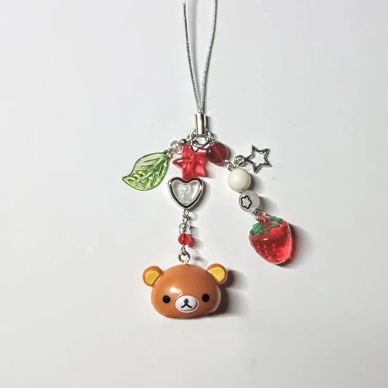 Korean Cute Strawberry Bear Heart Beaded Phone Chain Charm Lanyard For iPhone Samsung Universal Anti-Loss Hanging Rope Jewelry
