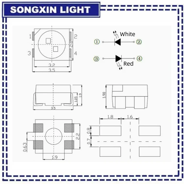 100 Stück 3528 SMD LED Bi-Color Rot-Weiß LEDs NEUES Modellzug Eisenbahnmodellierung PLCC-4 Antipole FÜR 0SROM – Detail 3