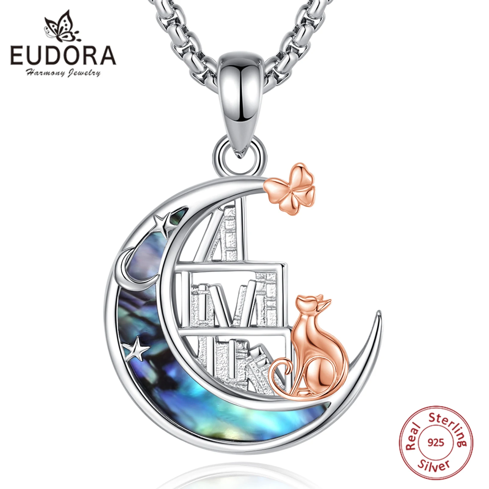 Eudora 925 Sterling Silver Crescent Moon Cat Butterfly Necklace Witchcraft Books Pendant Fine Jewelry Gift for Women Cat Lovers